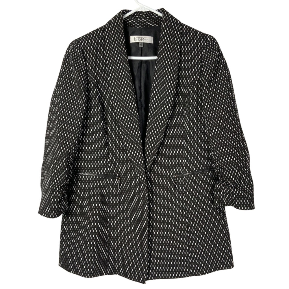 Kasper Open Front Blazer Ruched 3/4 Sleeve Dotted Black White Size S Zip Pockets